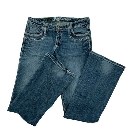 Wrangler Rock 47 Denim Jeans Womens 5X34 Bootcut Ultra Low Rise Rhinestones Blue - Picture 1 of 12